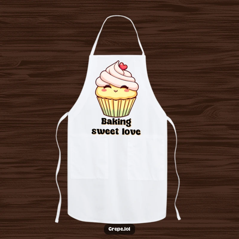 Funny apron depicting a cheerful cupcake with frosting, puckering its lips to blow a kiss, adding sweet humor to cooking.