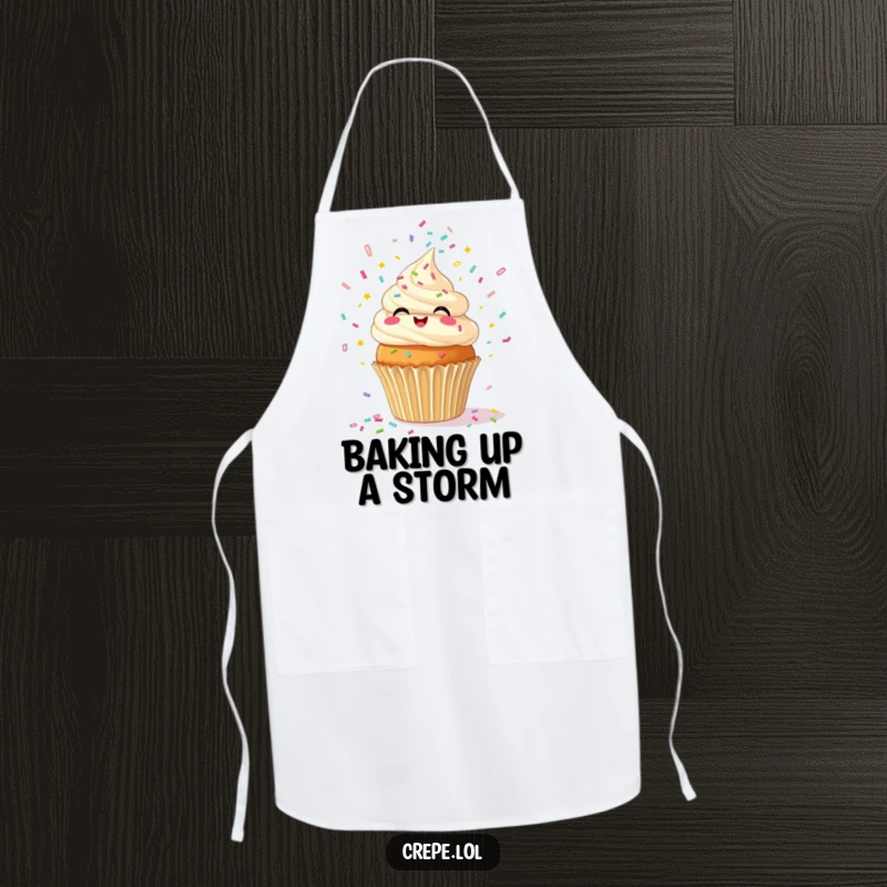 Funny apron featuring a giggling cupcake expelling confetti, ideal for a chef with a sense of humor.