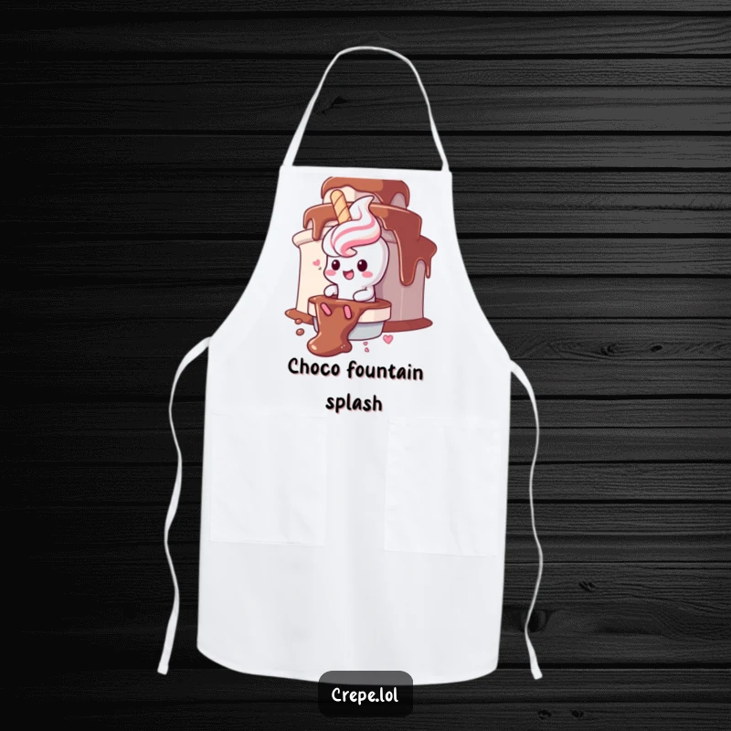 Funny churro character apron, gleefully sliding down a chocolate fountain, ready for sweet creations.