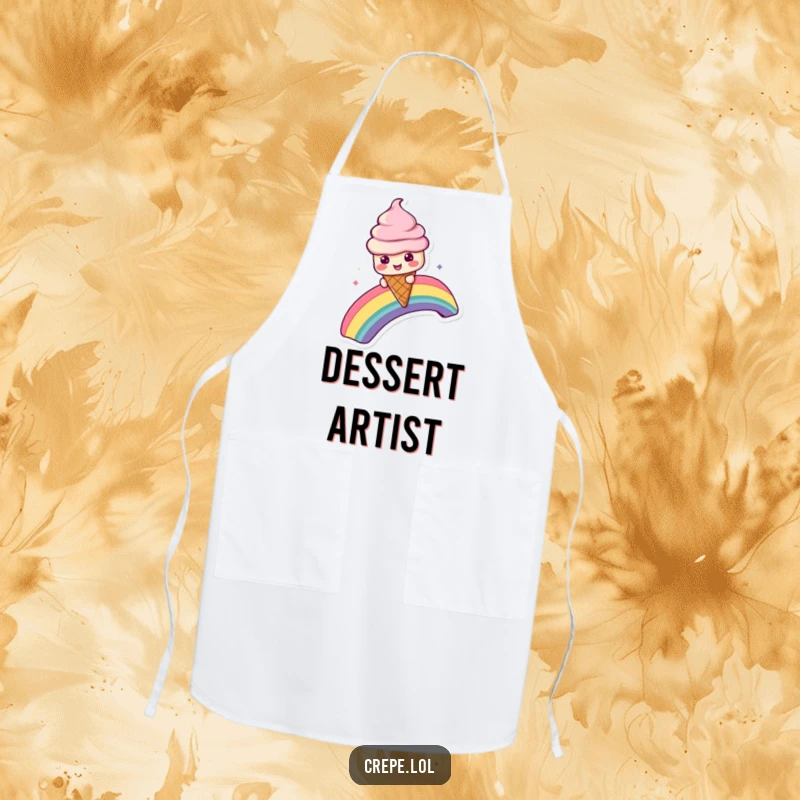 Funny apron showing a playful ice cream cone character enjoying a slide down a vibrant rainbow while cooking.