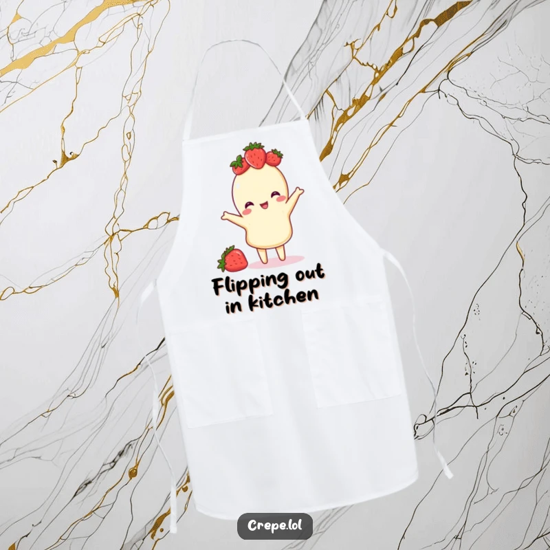 Funny apron featuring a crepe wearing a strawberry crown, performing a playful flip, ideal for a whimsical cooking experience.