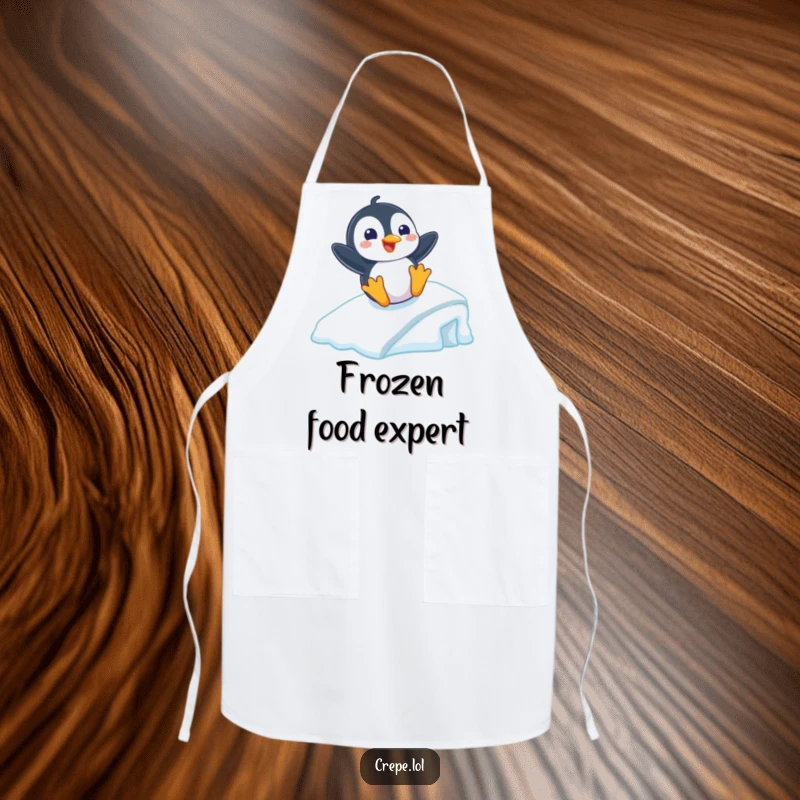 Funny apron for cooking, showing a playful penguin with a grin sliding down an icy ramp, adding winter charm.