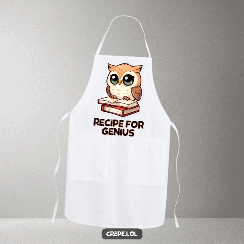 Funny apron with an amazed owl perched on a book, ideal for cooking and kitchen humor.