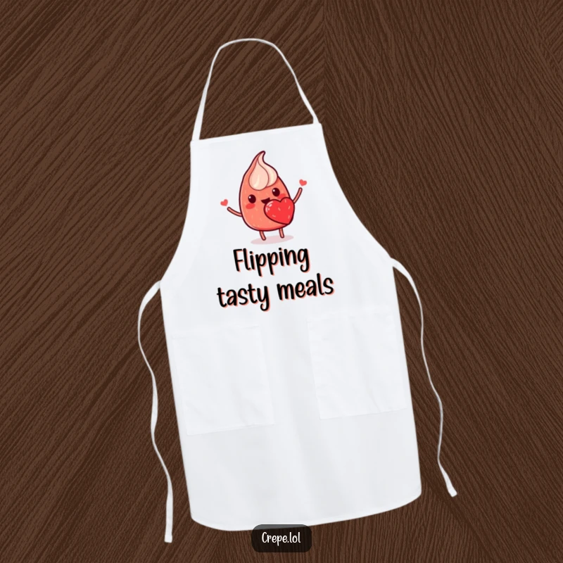Funny apron displaying a smiling red crepe with a strawberry heart, flipping happily, perfect for culinary creations.