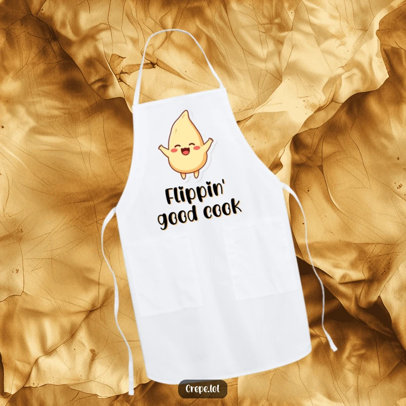 Funny apron illustrating a happy crepe doing a graceful flip, perfect for a cheerful cook.