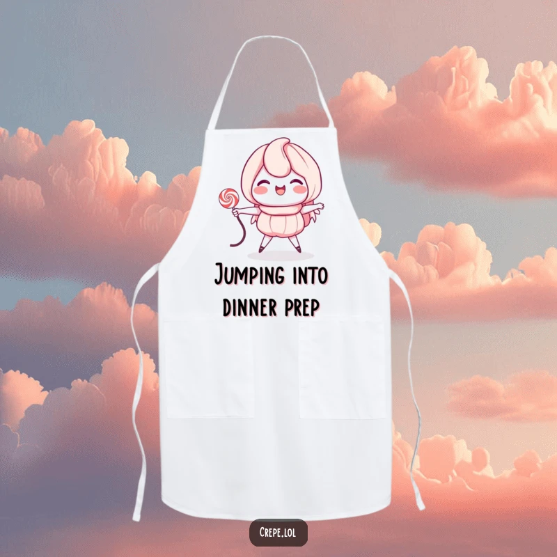 Funny apron showing a grinning crepe character jumping rope with a licorice string, ready for culinary creativity and chuckles.