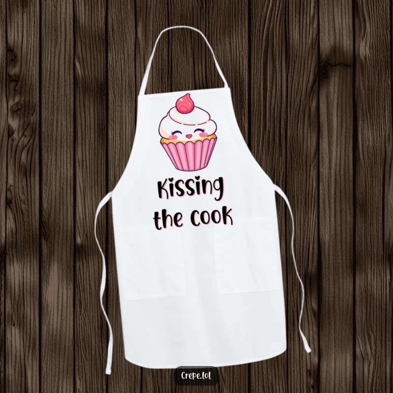 Funny smiling cupcake character apron blowing a kiss, a sweet and practical kitchen accessory.