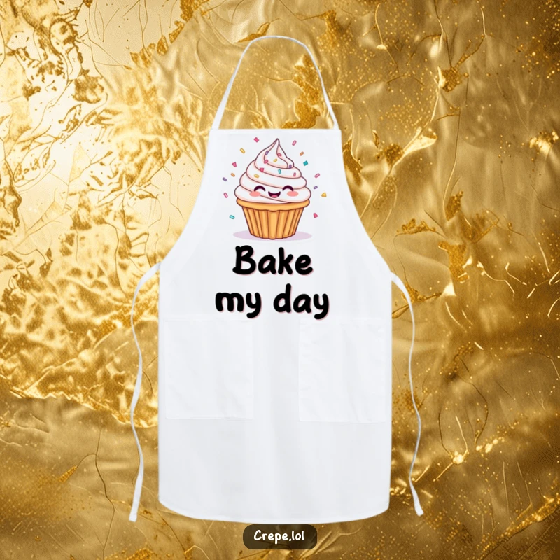 Funny apron showing a spinning cupcake with frosting and sprinkles, designed for baking fun and sweet humor.
