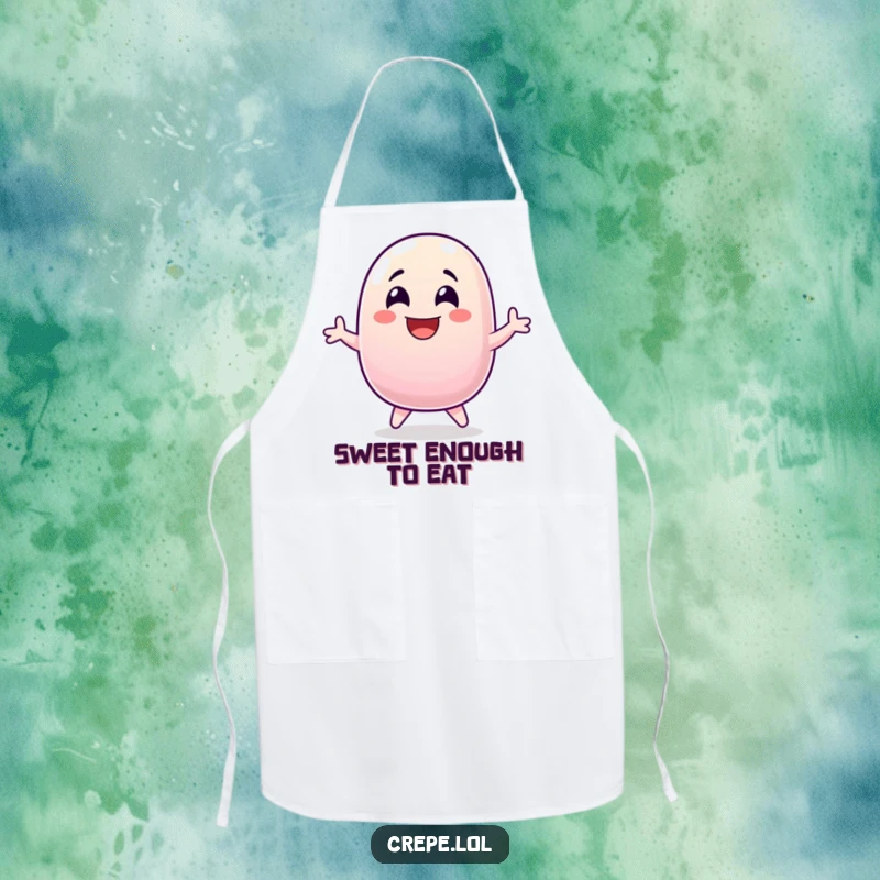 Funny jellybean laughing and jumping for joy, a humorous apron for cooking.