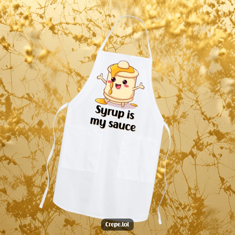 Funny pancake apron featuring a bouncing character with dripping syrup, ideal for chefs and home cooks.