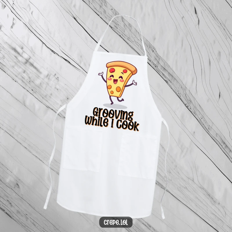 Funny pizza slice character apron, dancing with delight while cooking, a humorous kitchen accessory.