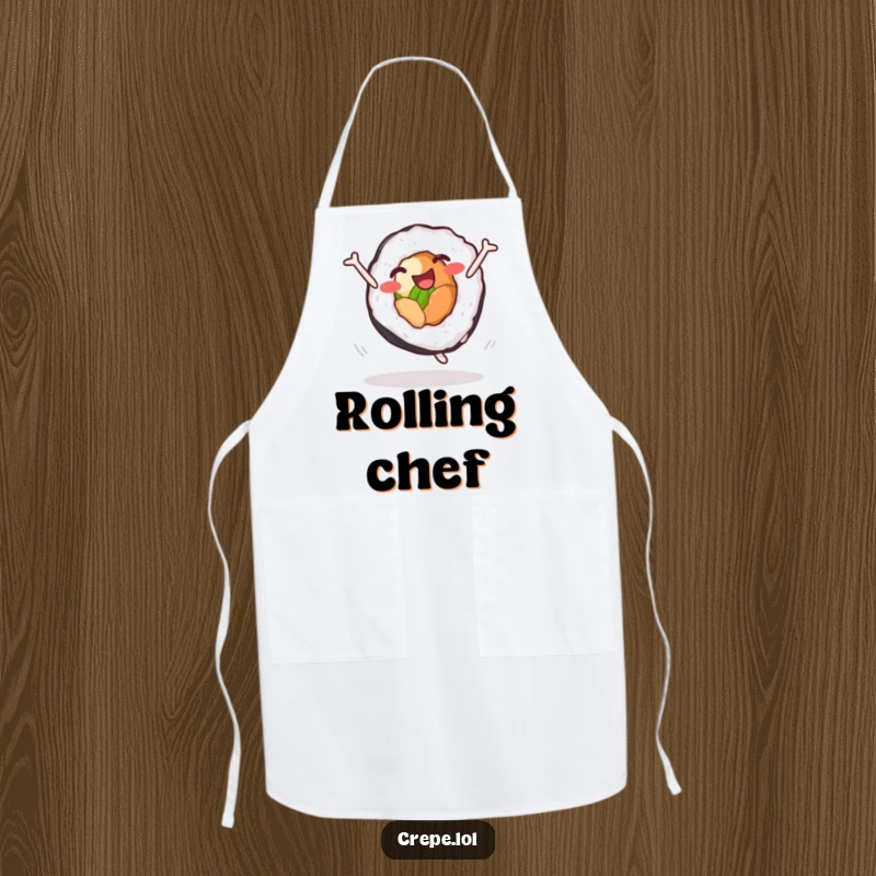 Funny sushi roll apron showing a delighted character doing a cartwheel, perfect for chefs who love food and funny kitchen accessories.