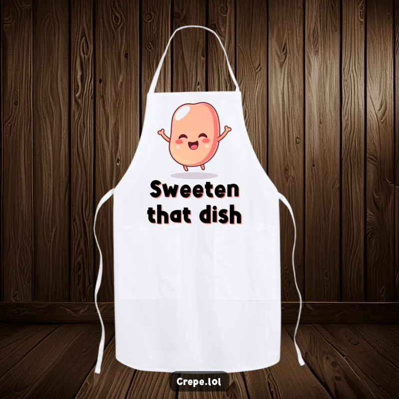 Funny apron depicting a cheerfully wobbly jelly bean in mid-bounce, adding a humorous and sweet touch to kitchen activities.