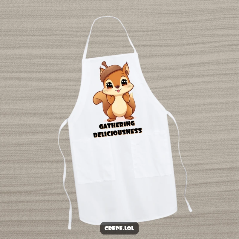 Funny squirrel with big eyes holding a massive acorn aloft, adorning a humorous and functional kitchen apron.