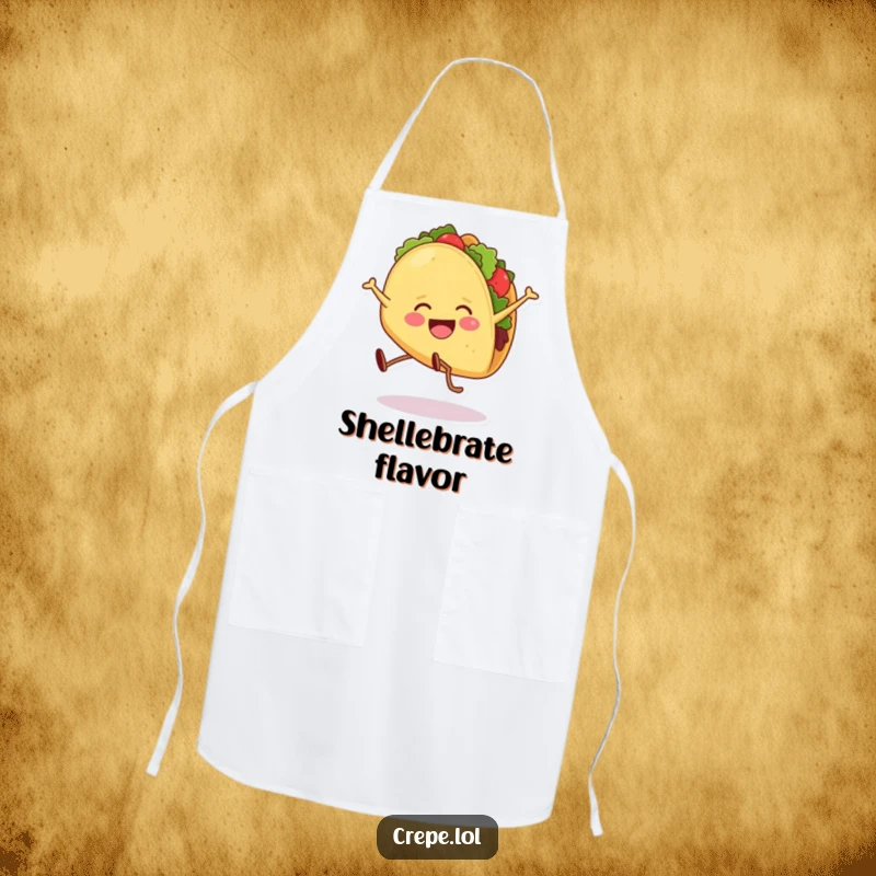 Funny apron featuring a smiling taco with legs doing a cartwheel, perfect for kitchen antics and culinary fun.