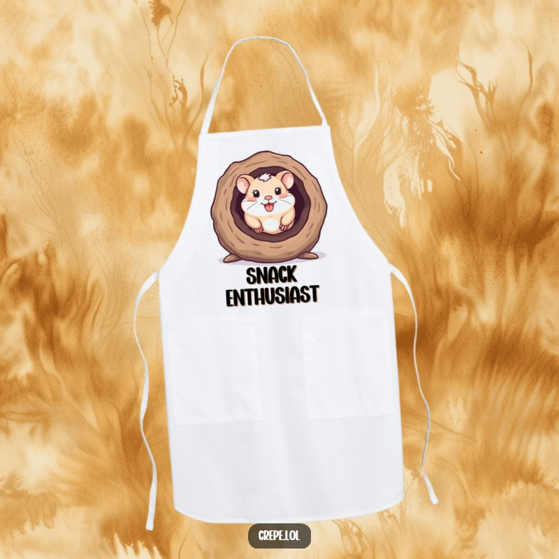 Funny apron for cooking, showing a happy hamster peeking out from a hollow log, adding charm to the kitchen.