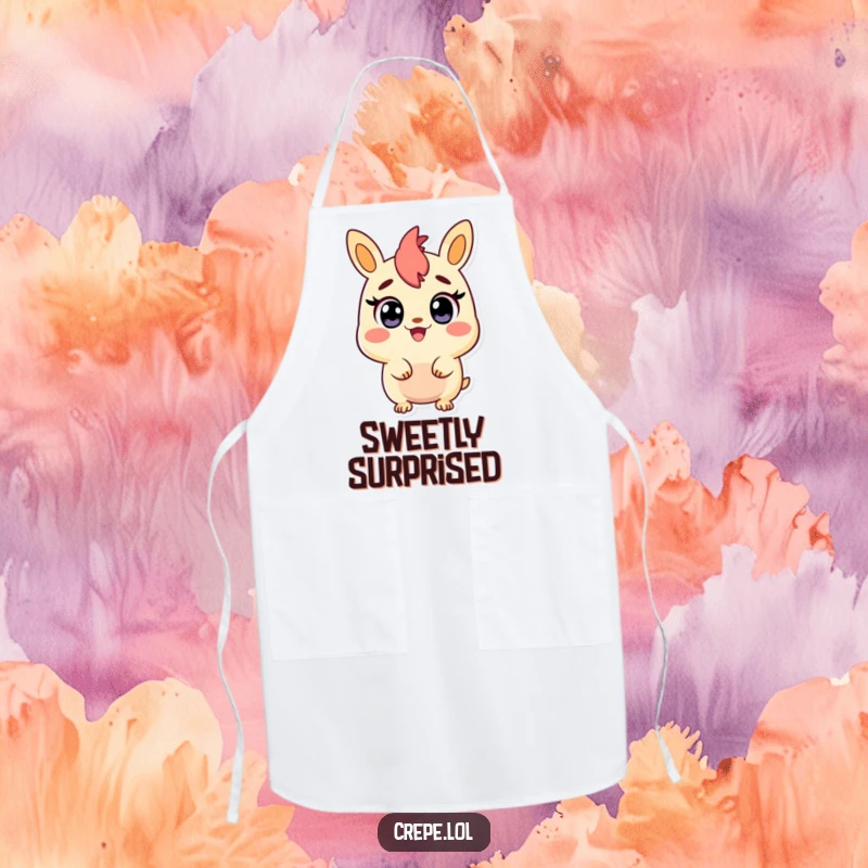 Funny apron showing a churro character with wide, happy eyes, looking surprised and delighted in the kitchen.