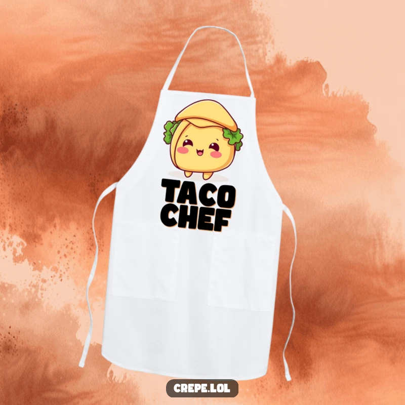 Funny taco hat tip apron showing a smiling taco tipping its shell like a hat, perfect for chefs who love Mexican food and humor.