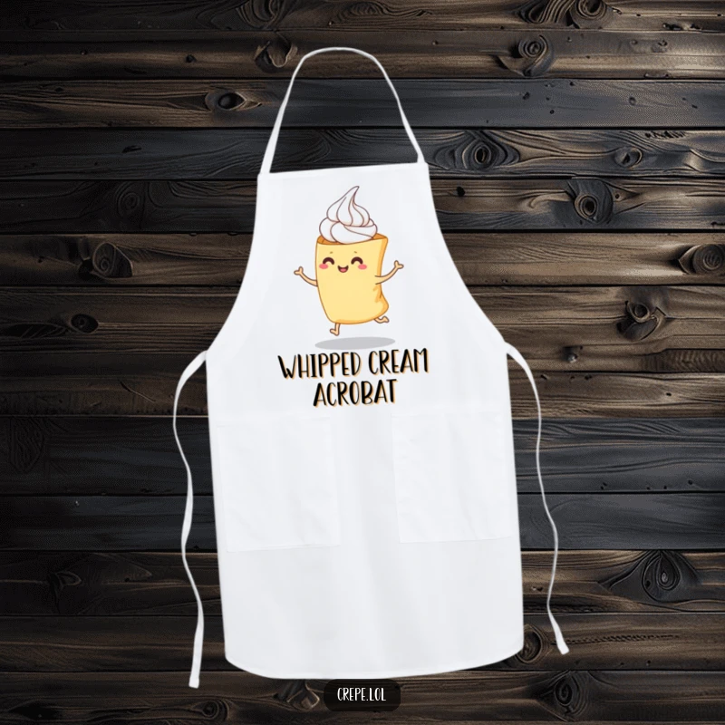 Funny apron showing a whipped cream topped crepe in a playful hop, keeping you clean with a humorous and cheerful design.