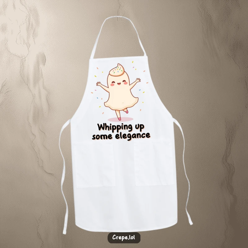 Funny apron featuring a delighted crepe character in a ballet twirl, scattered with sprinkles, perfect for a chef with flair.