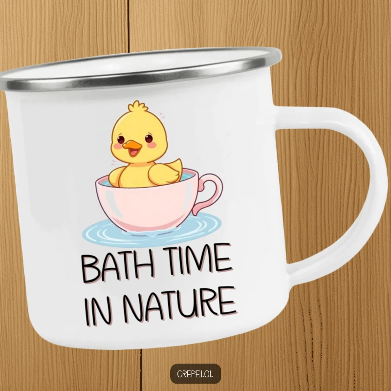 Funny duckling happily splashing water in a teacup, printed on a durable and humorous camping mug.