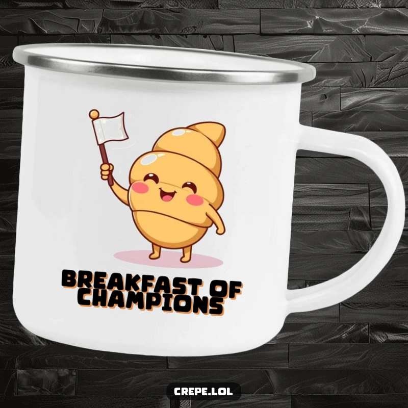 Funny croissant camping mug with a smiling, winking character waving a flag, perfect for outdoor adventures and humorous sipping.