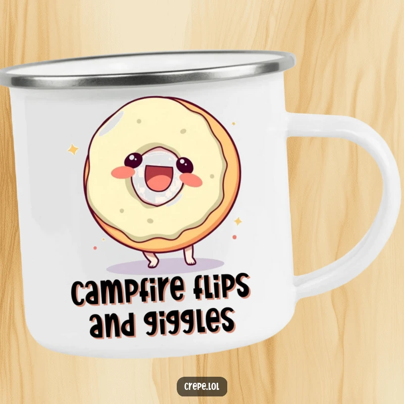Funny donut character camping mug, doing a somersault with a laugh, ready for outdoor fun.