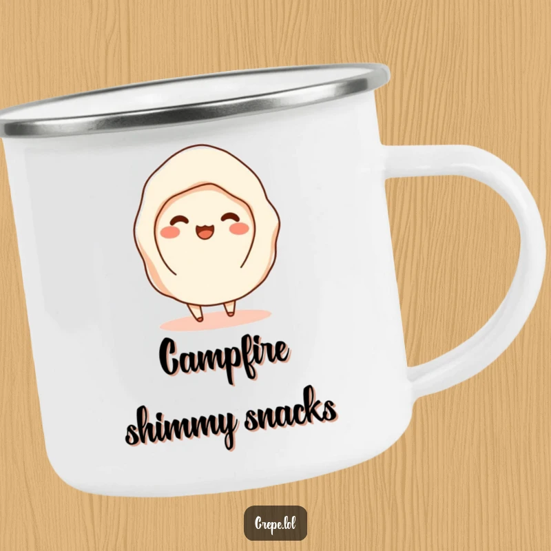 Funny camping mug with a happy crepe shimmying with filling visible, ready for outdoor enjoyment.