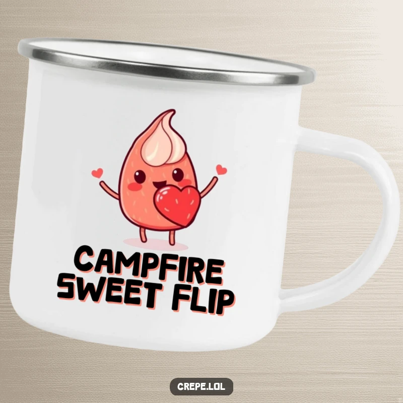 Funny camping mug featuring a smiling red crepe with a strawberry heart, flipping happily, perfect for outdoor enjoyment.
