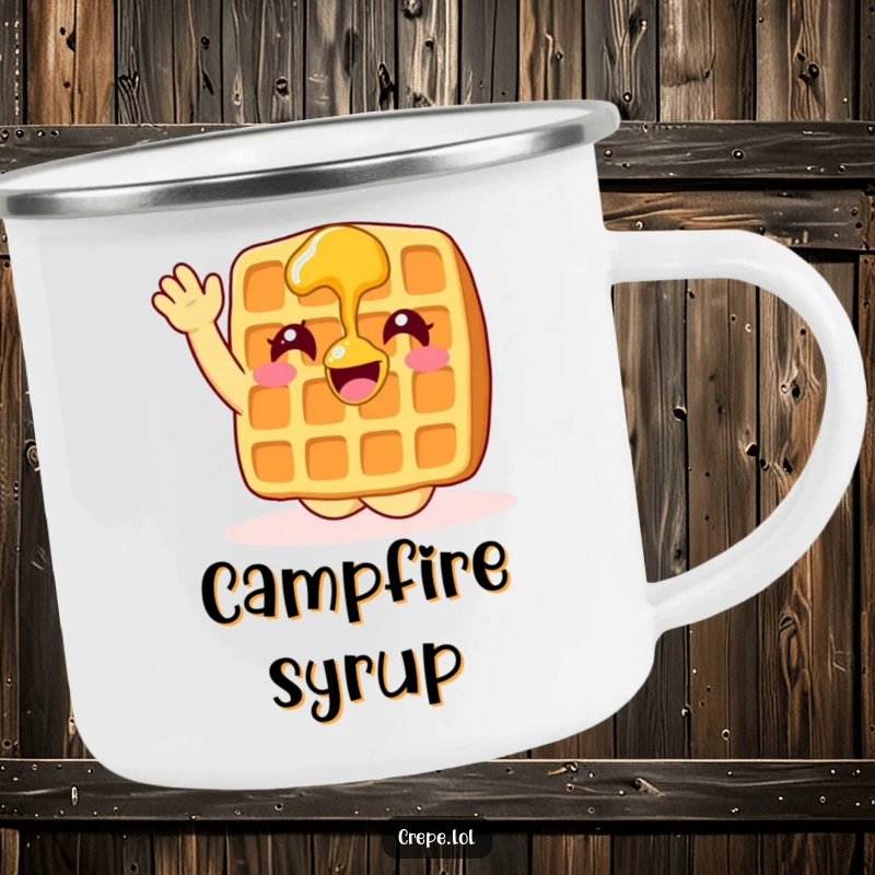 Funny waffle with syrup waving enthusiastically, printed on a sturdy camping mug.