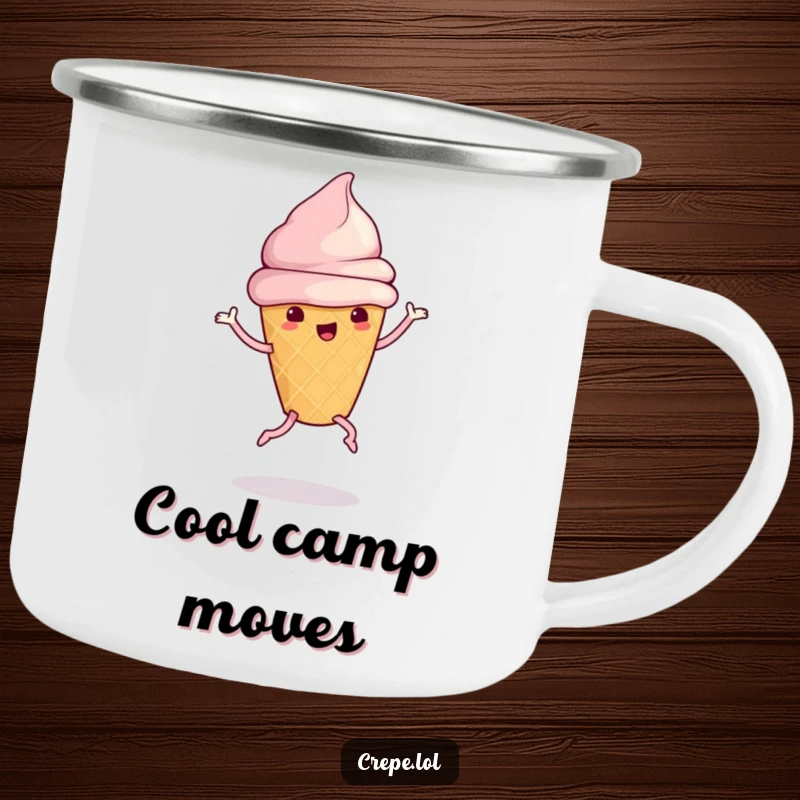 Funny ice cream cone with legs doing a silly dance, printed on a sturdy camping mug.