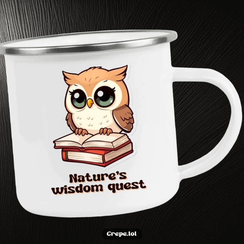 Funny enamel camping mug with an amazed owl perched on a book, designed for outdoor enthusiasts.
