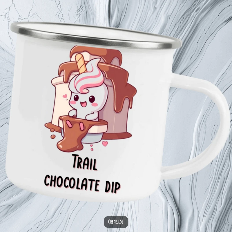 Funny churro character camping mug, gleefully sliding down a chocolate fountain, perfect for sweet outdoor fun.