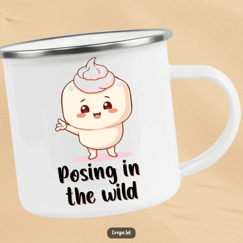 Funny camping mug featuring a crepe with cream, striking a comical pose, perfect for sipping coffee in nature.