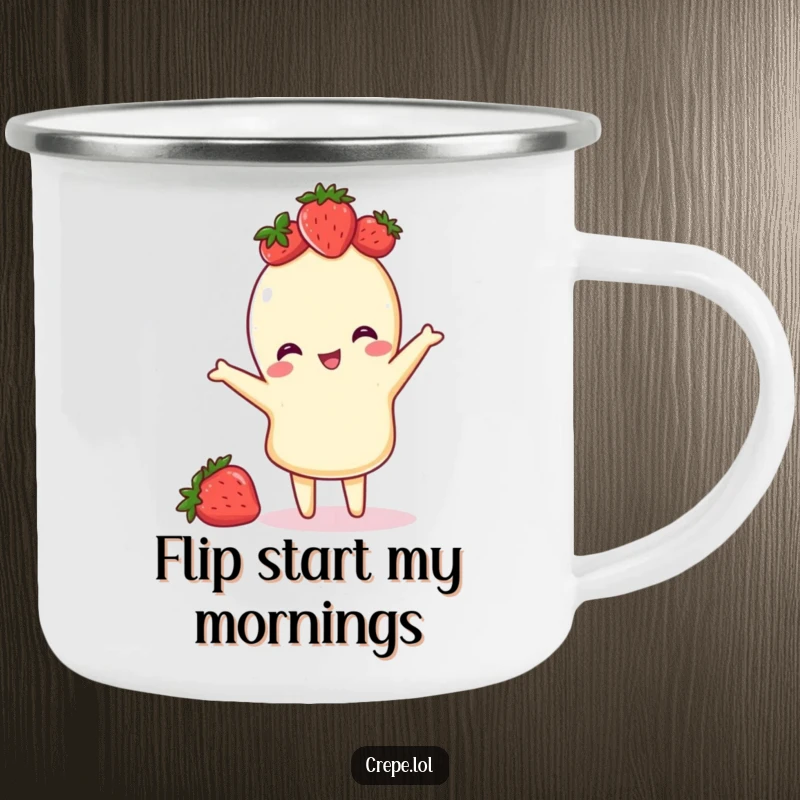 Funny camping mug featuring a crepe with a strawberry crown, doing a playful flip, perfect for sipping coffee in nature.