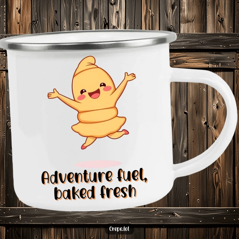 Funny Croissant Pirouette Camping Mug showing a joyful croissant gracefully spinning, ready for outdoor adventures and baked goods delight.
