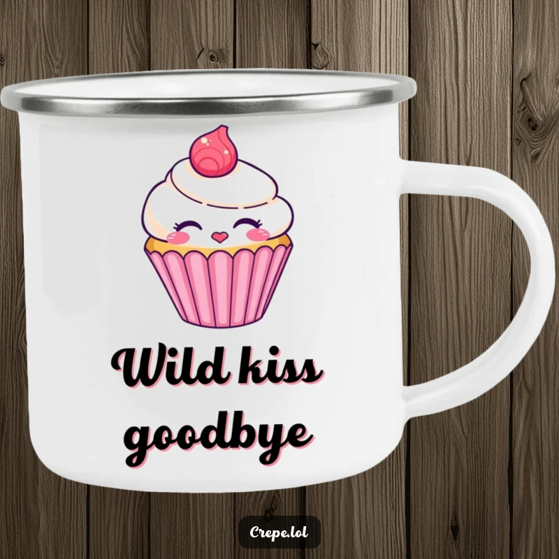 Funny smiling cupcake character camping mug blowing a kiss, perfect for outdoor enthusiasts.