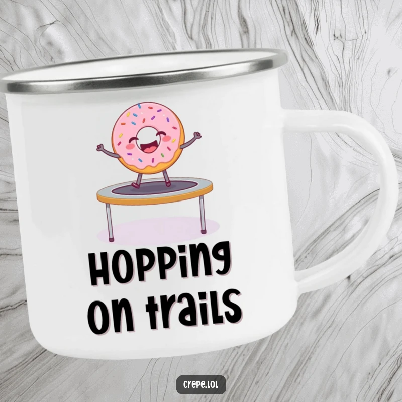 Funny donut with sprinkles bouncing joyfully on a trampoline, printed on a durable camping mug.