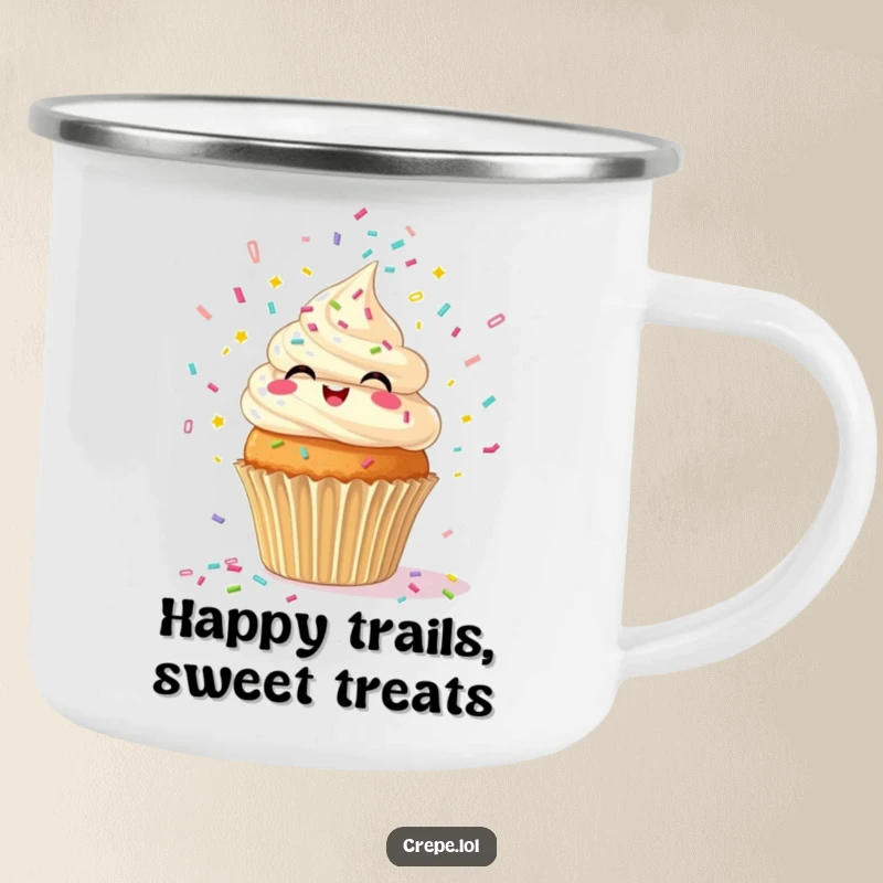 Funny camping mug featuring a giggling cupcake releasing confetti, perfect for outdoor enjoyment and humor.