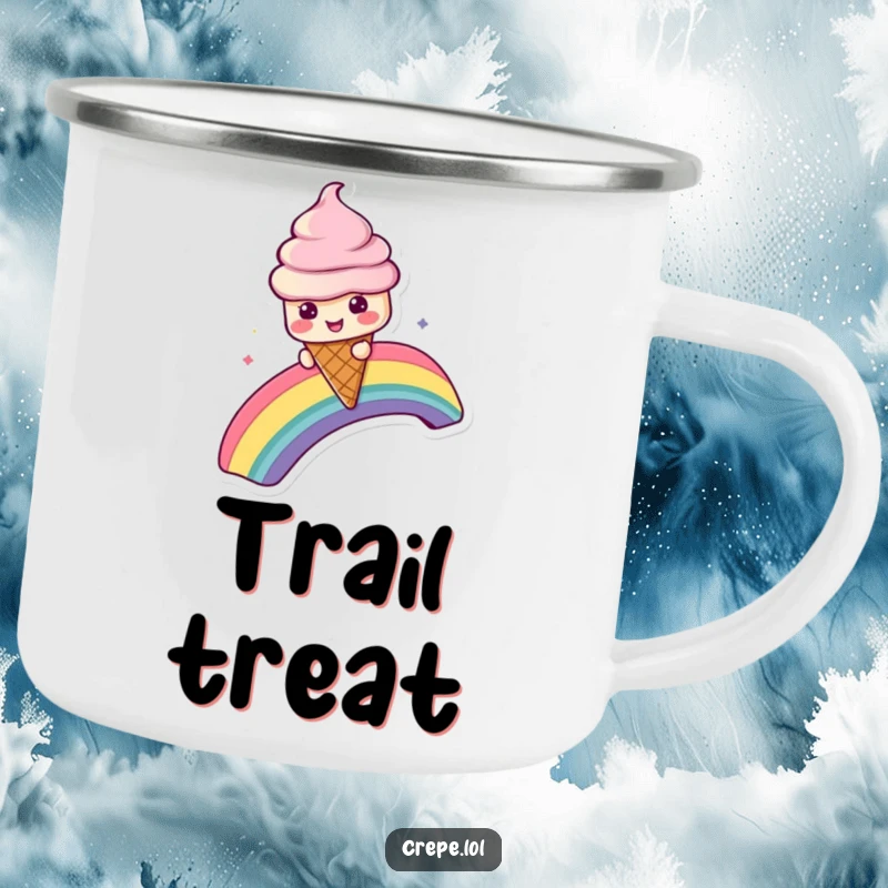 Funny camping mug showing an ice cream cone character sliding down a colorful rainbow, ready for adventure.