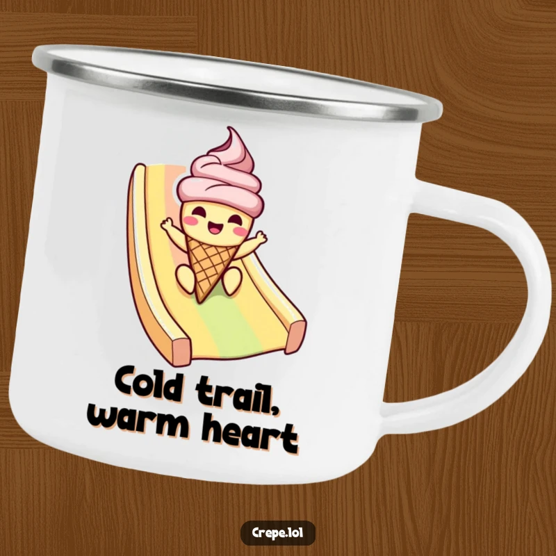 Funny ice cream camping mug with a cheerful cone character sliding down a rainbow, perfect for outdoor adventures and humorous sipping.