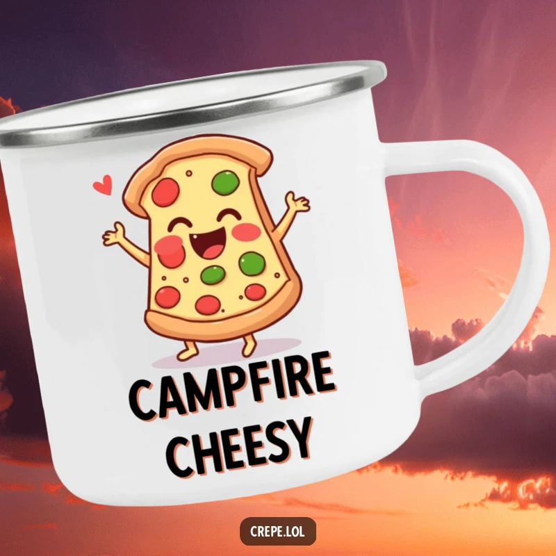 Funny pizza camping mug featuring a cheerfully jigging slice of pizza, ready for humorous outdoor enjoyment.