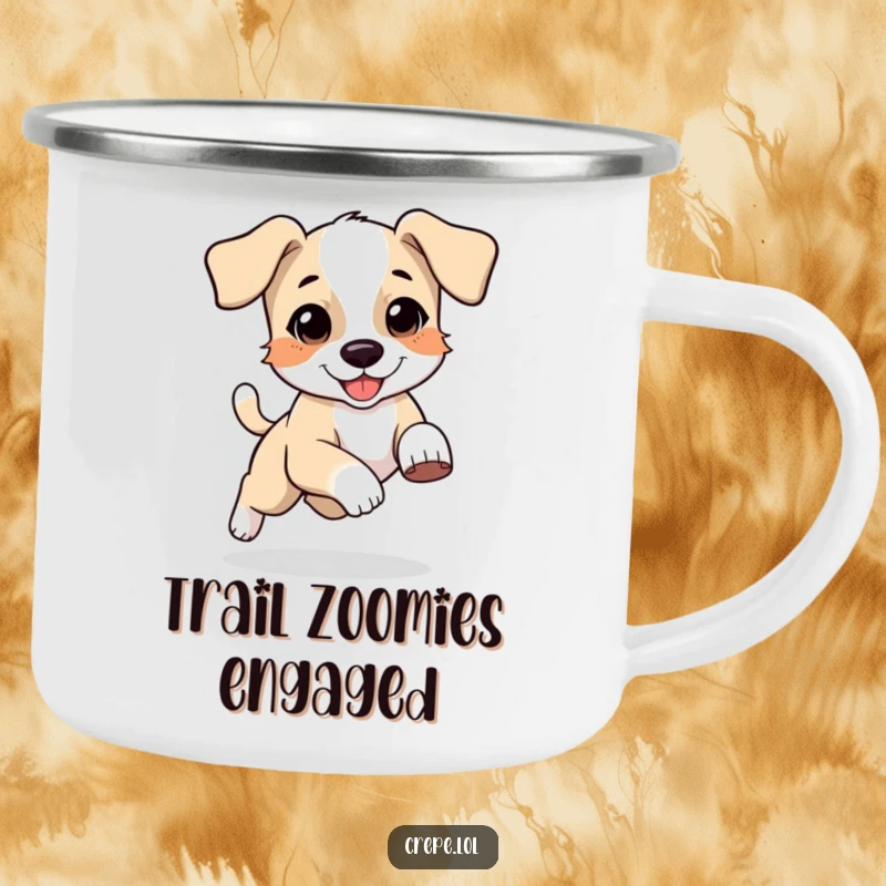 Funny camping mug showing a happy bouncing puppy with floppy ears chasing its tail, perfect for outdoor fun.