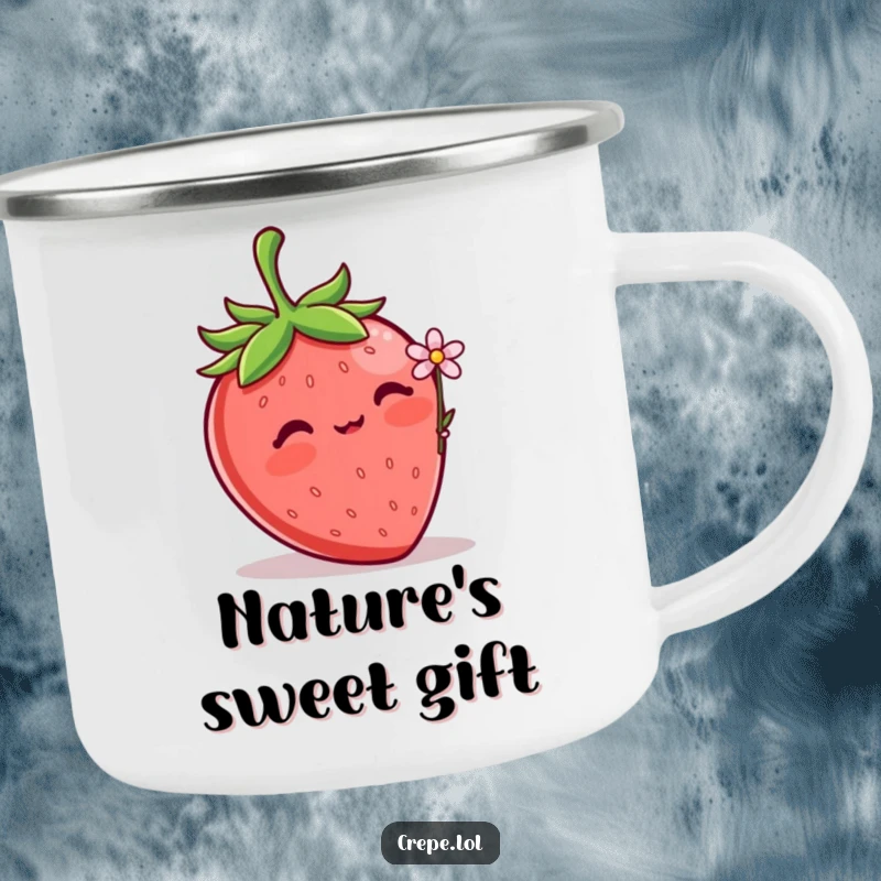 Funny Strawberry Flower Camping Mug showing a blushing strawberry offering a flower, perfect for enjoying nature with sweetness.