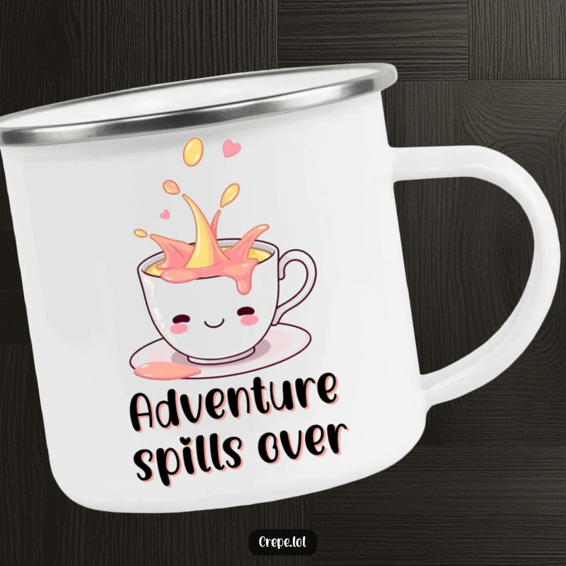 Funny smiling teacup playfully spilling liquid, designed for outdoor fun on a sturdy camping mug.