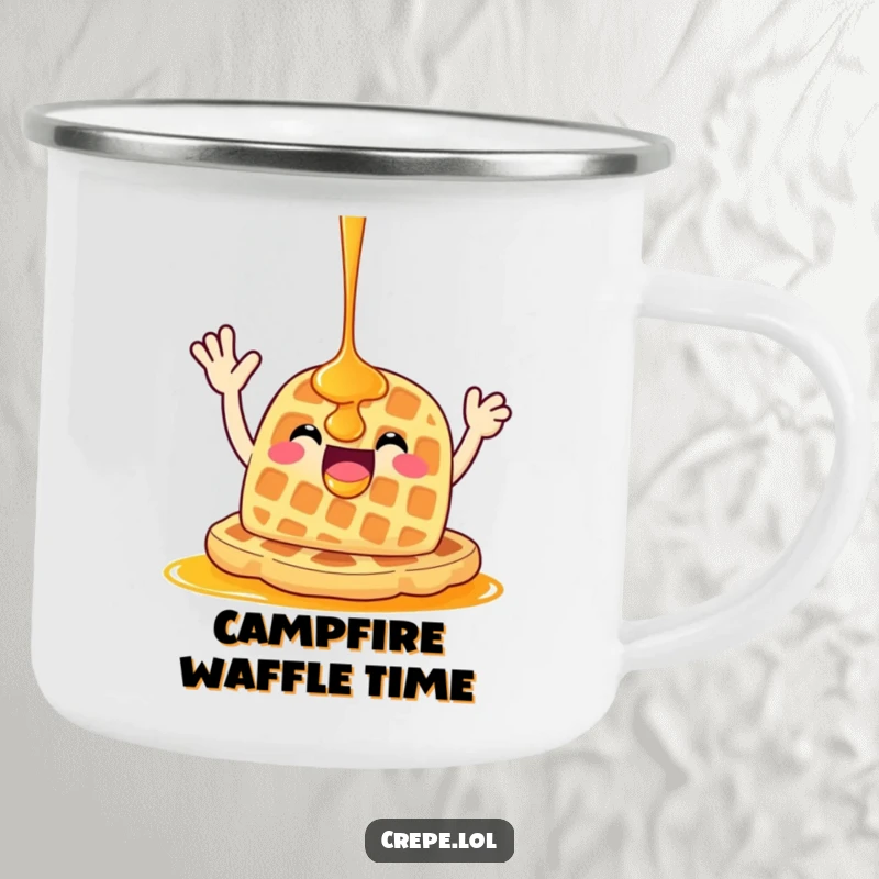 Funny happy waffle with syrup waving, designed for outdoor fun on a sturdy camping mug.