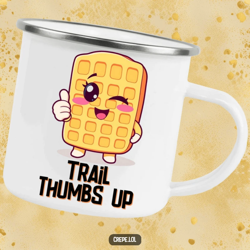 Funny winking waffle camping mug giving a thumbs up, perfect for outdoor enthusiasts.