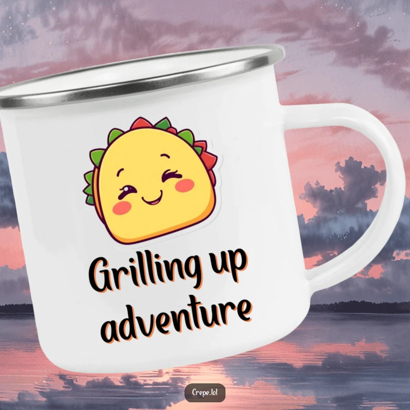 Funny taco camping mug with a cheerful taco happily winking with a cheesy grin. Perfect for outdoor fun. Gift.