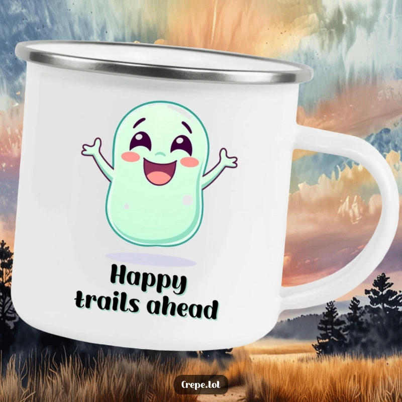 Funny wide-eyed jellybean jumping for joy, designed for outdoor fun on a sturdy camping mug.
