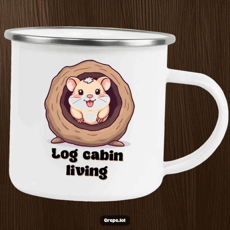 Funny camping mug showing a happy hamster peeking out from a hollow log, perfect for outdoor enthusiasts.